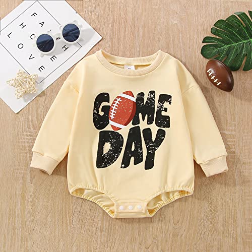 Twopumpkin Baby Outfit Girl Boy Football Bubble Sweatshirt Romper Crewneck Sweater Infant Toddler Fall Clothes 6-12 Months G Game Day Beige