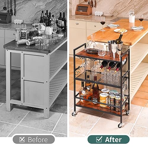 Yoobure Bar Cart with Wheels, Bar Carts for The Home, 3-Tier Rolling Kitchen Cart with Wine Rack and Glass Holder, Home Bar & Serving Carts with Hooks Wine Cart Microwave Cart for Kitchen Living Room