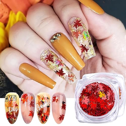 Maple Leaf Nail Glitter Sequins 3D Holographic Fall Leaves Nail Art Flakes 4 Colors Laser Autumn Leaf Nail Sequins Decals for Acrylic Nails Decorations DIY Crafts (Gold Red Brown Orange)