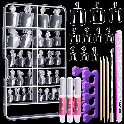 100pcs Clear Press on Fake Toe Nails with Nail Glue, Cuticle Pusher & Nail File, Teenitor Full Cover False Toenail Kit for Salon