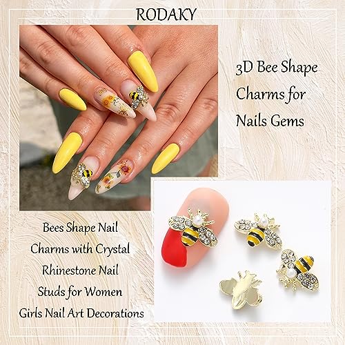 RODAKY 10 Piece 3D Bee Shape Nail Art Charms Gold Alloy Nail Jewelry for DIY Design Cute Kawaii Shiny Nail Crystal Rhinestone Crafts Decoration Nail Accessories for Women and Girls