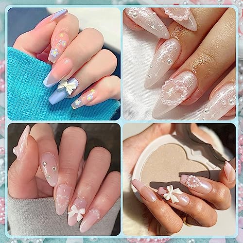 1200Pcs 3D Multi Shapes Nail Charms and Flatback Pearls, White&Pink Mix styles Heart Star Bow Sunflower Embellishments for Nail Art, Craft and Decoration with Glue Gel, Tweezer and Pickup Pencil