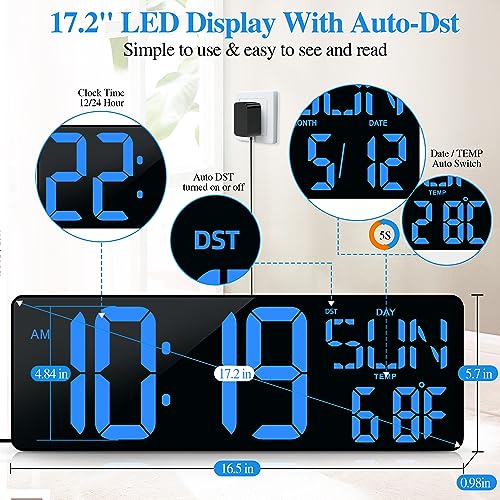 Large Digital Wall Clock with Remote Control 17.2" LED Large Display Timer with Temperature Date Week Auto DST Adjustable Brightness, Big Wall Alarm Clock for Living Room Office Garage Gym Seniors