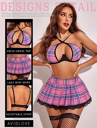 Avidlove Cosplay Lingerie School Girl Lingerie for Women Sexy Lingerie Set with Underwear Roleplay Costumes with Pleated Skirt Pink L