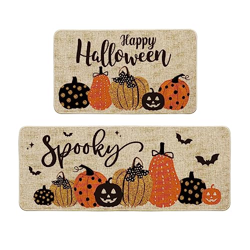 Artoid Mode Pumpkin Bats Happy Halloween Kitchen Mats Set of 2, Home Decor Low-Profile Kitchen Rugs for Floor - 17x29 and 17x47 Inch