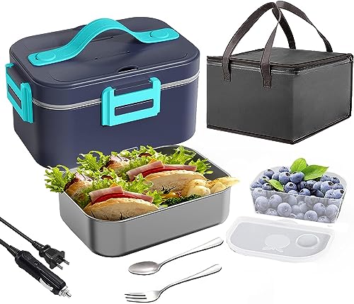 Electric Lunch Box Food Heater, 2 in 1 Portable Food Warmer Lunch Box 1.8L for Truckers Home Work Adults, Leakproof Removable Stainless Steel Container, 12V 24V 110V 75W Faster Heating