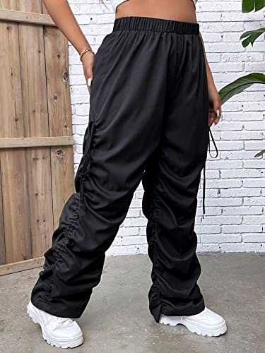 MakeMeChic Women's Plus Size Elastic High Waist Drawstring Side Cargo Pants Ruched Stacked Pants Black 3XL