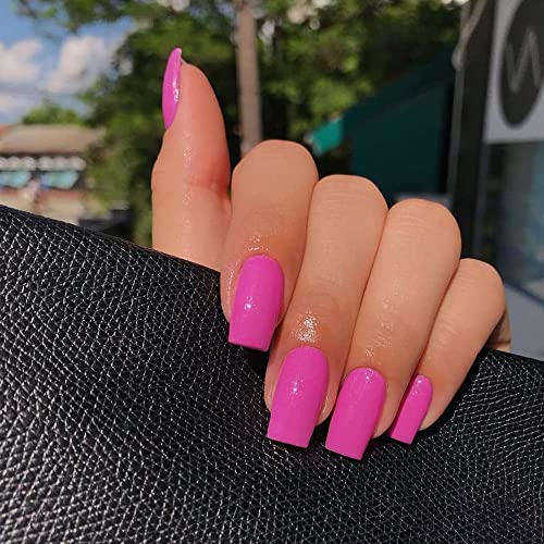 Hot Pink Press on Nails Medium Length,Xcreando Square Fake Nails Kit Acrylic Set,Summer Nails Glue on Natural Short Press on Nails Acrylic,Glue on Nails for Women24PCS