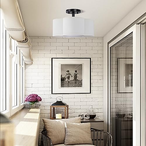 4 Light 14" Semi Flush Mount Ceiling Light Fixture,White Fabric Drum Shade Black Finish for Bedroom, Dining Room, Corridor, Living Room Hallway