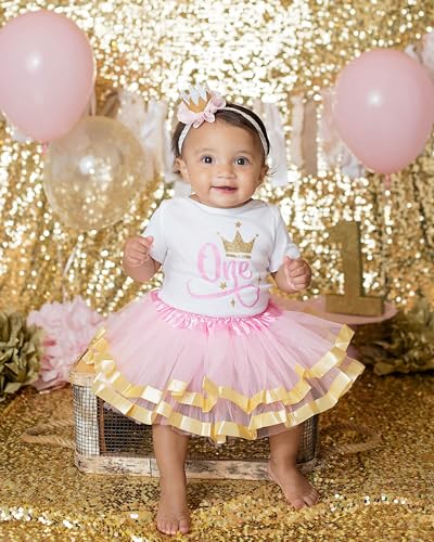 1st First 2nd Second Birthday Party Outfit- Baby Girl Pink Gold Silver Princess Tutu Set and Crown