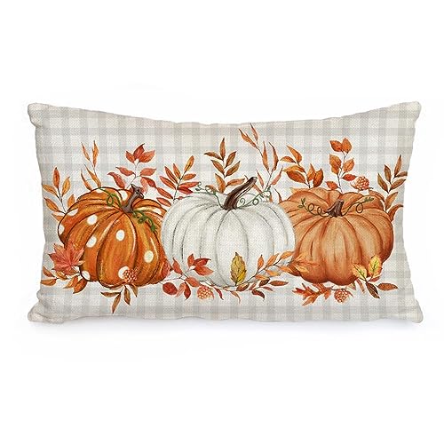 AACORS Fall Pillow Cover 12x20 Buffalo Pliad Pumpkin Maple Leaves Decor Autumn Thanksgiving Decorative Farmhouse Cushion Case for Sofa Couch (Orange)