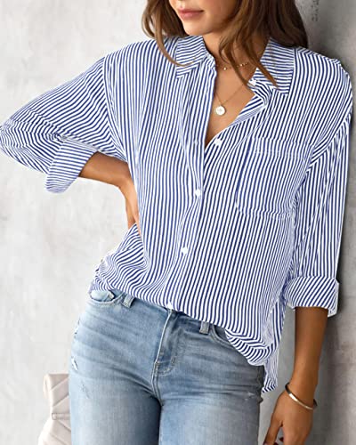 AISEW Womens Button Down Shirts Striped Classic Long Sleeve Collared Office Work Blouses Tops with Pocket (Blue, 7002XL)