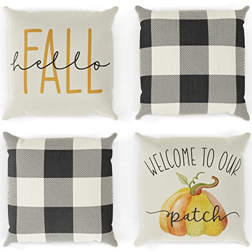 Beautiful Fall Pillow Covers 18" x 18" - Four Modern Buffalo Plaid Farmhouse Design Throw Pillow Covers - These Pumpkin Decor Accents Are The Perfect Addition to Your Indoor/Outdoor Home Decoration