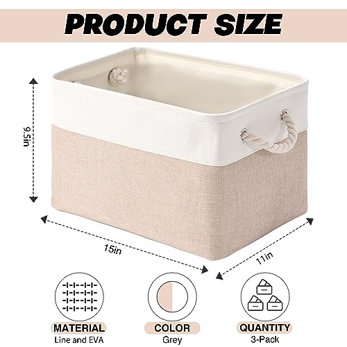 Storage Bins 3 Pack, Fabric Storage Basket for Collapsible Large Canvas Storage Baskets for Organizing Shelf Nursery Home Closet with Cotton Rope Handle 15(L) x 11(W) x 9.5(H) inch(White&Khaki-3PCS)