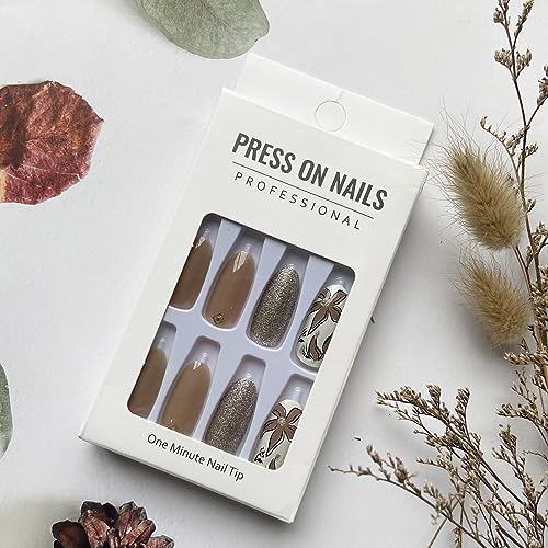 Almond Press on Nails, Brown Fake Nails Medium Length False Nails Fall Winter Acrylic Nails Rhinestone Flower Artificial Nails with Glitter Designs Full Cover Glossy Stick on Nails for Women Girls