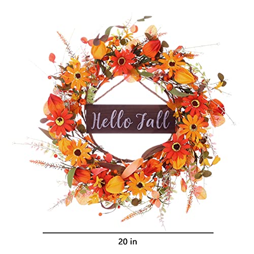 Artificial Fall Wreath with “Hello Fall” Sign,20” Autumn Front Door Wreath Fall Flower Wreath with Pumpkin and Berry for Home Farmhouse Wall Window and Thanksgiving Decor-Beautiful Gift Box Included