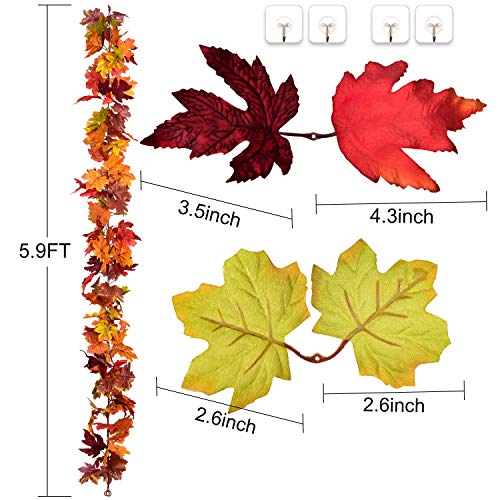 DearHouse 2 Pack Fall Garland Maple Leaf, 5.9Ft/Piece 7 Colors Hanging Vine Garland Artificial Autumn Foliage Garland Thanksgiving Decor for Home Wedding Fireplace Party Christmas
