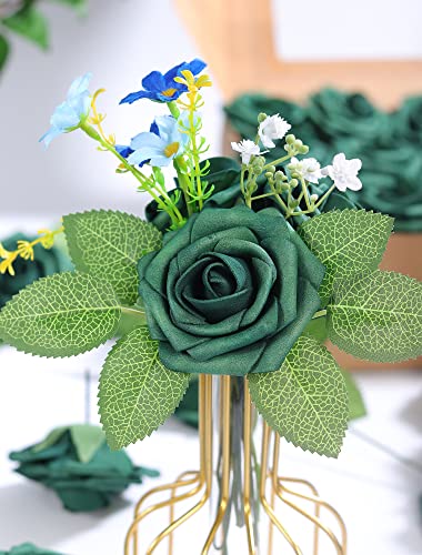 Jdsour 50pcs Artificial Flower，Real Touch Fake Roses w/Stem DIY for Wedding Bridal Bouquet Centerpieces Party Baby Shower Home Decorations (50pcs- Green boxpack)