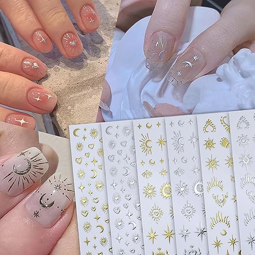 6 Sheets Star Nail Art Stickers 3D Self-Adhesive Gold Silver Sun Moon Nail Stickers Heart Nail Decals Nail Art Supplies Designs Star Moon Sun Nail Charm for Women Girls Acrylic Manicure Decorations