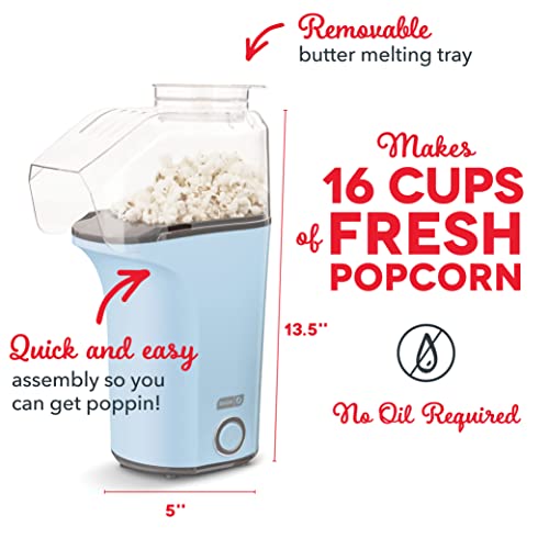 DASH Hot Air Popcorn Popper Maker with Measuring Cup to Portion Popping Corn Kernels + Melt Butter, 16 Cups - Dream Blue