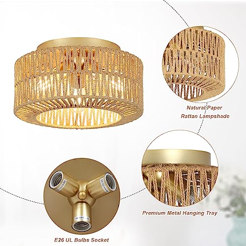 PAUFUL Boho Light Fixtures Ceiling Mount, 3-Light Farmhouse Rattan Ceiling Light Fixture, Flush Mount Ceiling Light with Hand-Woven Shade, Modern Chandelier for Living Bedroom Entryway Kitchen Nursery