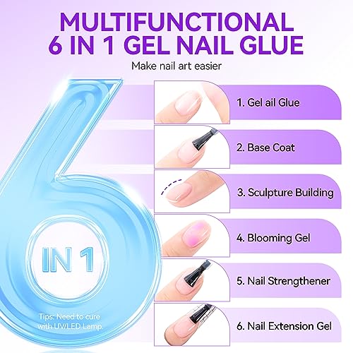 Gelike EC 2Pcs Nail Glue Gel 6 in 1 for Acrylic Nails Long Lasting, Curing Needed UV Extension Glue for False Nail Tips and Press on Nails, Nail Repair Treatment