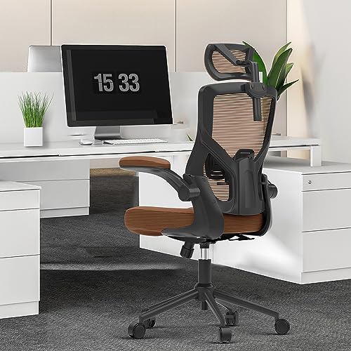 𝑯𝑶𝑴𝑬 𝑶𝑭𝑭𝑰𝑪𝑬 𝑪𝑯𝑨𝑰𝑹, Ergonomic Mesh Desk Chair, High Back Computer Chair- Adjustable Headrest with Flip-Up Arms, Lumbar Support, Swivel Executive Task Chair (Mummy Brown, Modern)