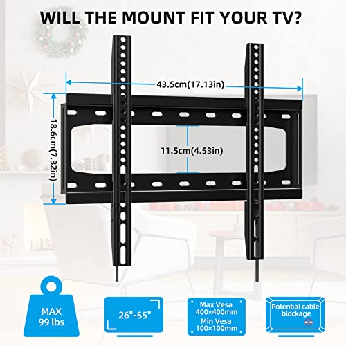 HOME VISION TV Wall Mount Fixed for Most 26-55 inch Flat/Curved TVs, Low Profile TV Mount, Wall Mount TV Bracket with Max VESA 400X400mm up to 99lbs Fits 16” Wood Studs, Quick Release Lock