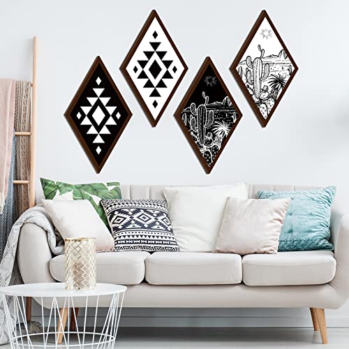 4 Pieces Aztec Wall Decor Farmhouse Home Wall Decor 11.8 x 6.7 inches Western Boho Wall Art Wooden Aztec Diamond Sign Cactus Wood Geometric Diamond Frame Wall Hanging for Bedroom Living Room (Cactus)