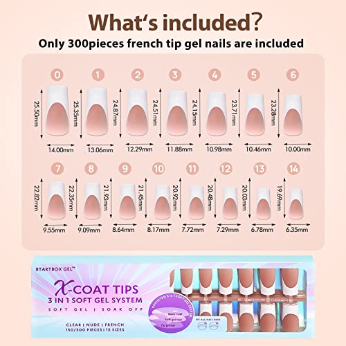 BTArtboxnails French Tip Gel Nail Tips Long Square, 300pcs Brown Soft Gel Nail Tips, Unltra Fit French Tip Press On Nails 15 Sizes, No Need to File 3 in 1 X Coat Tips with Pre-applied Tip Primer & Base Coat Cover, Soak Off French Tip Gel Nails Press On fo