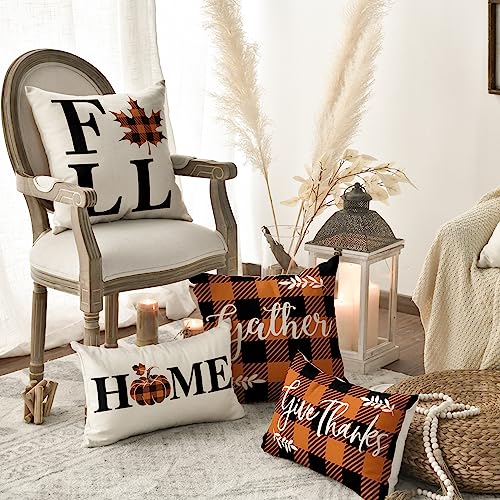 AVOIN colorlife Home Fall Buffalo Check Plaid Pumpkin Maple Leaf Throw Pillow Cover, 18 x 18 Inch Autumn Give Thanks Gather Farmhouse Cushion Case for Sofa Couch Set of 4