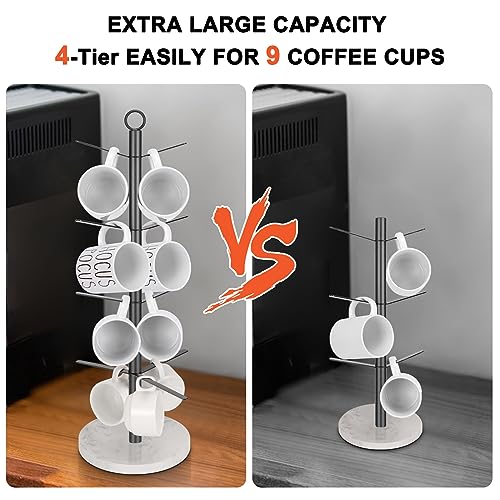 HarJue Mug Holder Tree, Coffee Cup Stand Holder, Thick Base Mug Rack with 9 Hooks for Kitchen Home Bar Cabinet, Matte Black