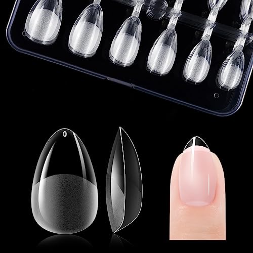 Gelike ec Short Almond Nail Tips: XS Soft Gel Tips Almond Shaped Full Cover Gel X Nails Pre Etched for Extensions - PMMA Resin Clear Strong False Press on Nails 120PCS 12 Sizes, EXTRA SHORT ALMOND