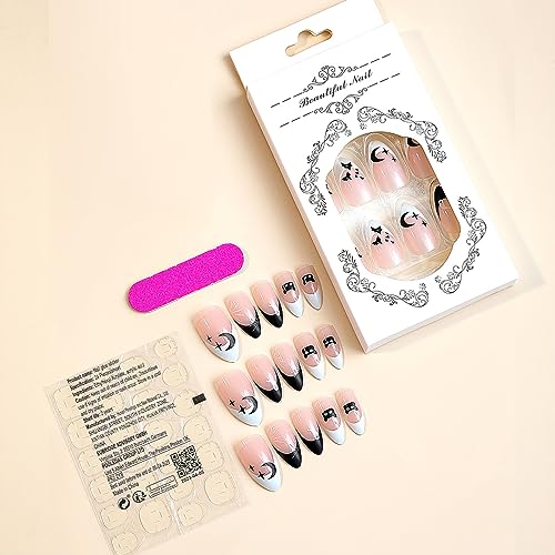 Halloween Press on Nails Almond Fake Nails Black Terror Glue on Nails with Moon and Star Cat Designs Acrylic False Nails Bat Artificial Nails Full Cover Stick on Nails for Women and Girls 24PCS