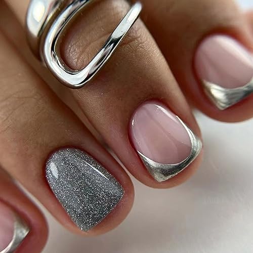 French Tip Press on Nails Short Square Fake Nails Glossy Metallic Silver Nail Tips False Nails with Sliver Glitters Designs Full Cover Nude Acrylic Nails Short Glue on Nails for Women Girls Manicure