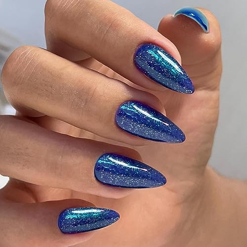 Royal Blue Glitter Press on Nails Medium Almond Shape,KQueenest Iridescent Shimmer Acrylic Fake Nails with Salon UV Finish,Sparkling Gel Nails Press ons,Glossy Flash Glue on Nails Medium False Nails with Designs for Home Manicure in 24 PCS