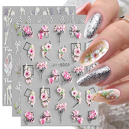 3D Embossed Flower Leaves Nail Art Stickers Decals 4 Sheets 5D Self-Adhesive Pegatinas Uñas Summer Nail Supplies Nail Art Design Decoration Accessories