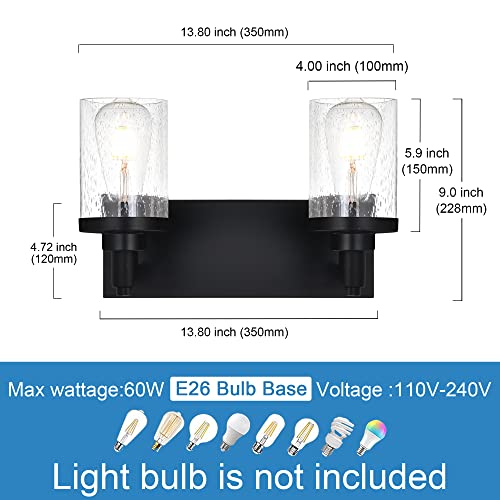 TULUCE Bathroom Vanity Light,2 Light Vanity Light Fixtures Modern Black Wall Sconces Lighting with Seeded Glass Shade Wall Mounted Lights for Mirror, Living Room, Bedroom, Hallway, Dresser