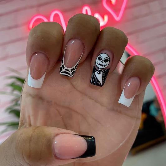 French Press on Nails Square Medium Length Halloween Fake Nails with Ghosts Spider Web Designs Acrylic Full Cover Glue on Nails Manicure Decorations for Women and Girls 24Pcs