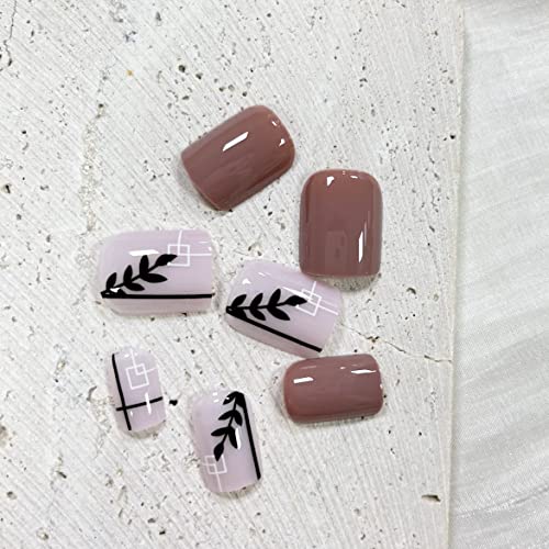 Fall Square Press on Nails Short French Fake Nails Leaf and Line Designs Acrylic Nails Full Cover Glue on Nails Brown Pink False Nails with Designs Glossy Acrylic Nails for Women