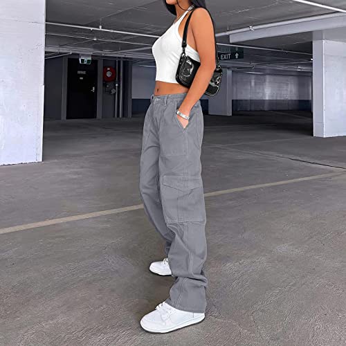 Women 6 Pockets High Waisted Cargo Pants Wide Leg Casual Pants Combat Military Trouser Blue Grey