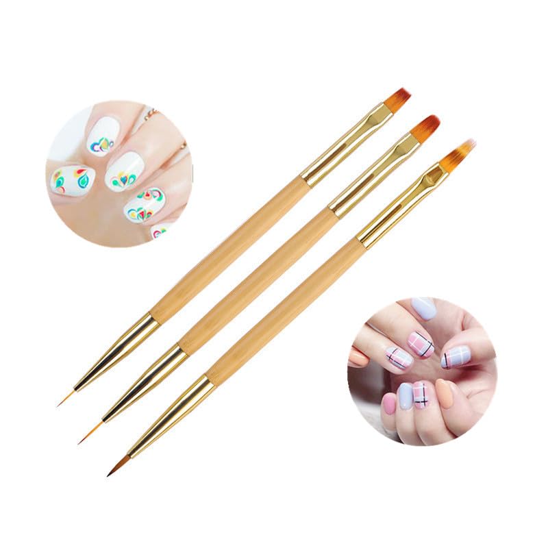 KLDKUST 3 Pcs Nail Drawing Brushes, Dual End Nail Art Pen Brush Acrylic Round Flat Painting Drawing Liner Nail Tools