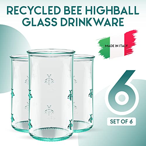 Amici Home Regina Hiball Glass | 18 Oz | Italian Made, Recycled Green Glass | Drinking Glass with Embossed Bee Design for Water, Juice, Iced Tea, Cocktails (Set of 6)