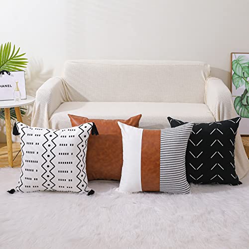 Learife Boho Pillow Covers 18 * 18 Inch Set of 4 Modern Neutral Striped Geometric Faux Leather Farmhouse Pillow Covers for Sofa, Bed, Home Decor (Multi 4pc)