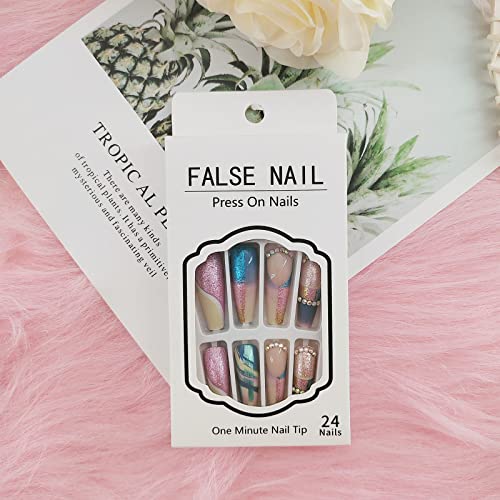 Extra Long Press on Nails Coffin Fake Nails Full Cover False Nails with Colorful Sequins Designs Acrylic Stick on Nails Rhinestones Matte with Glue on Nails for Women 24Pcs