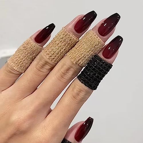 Medium Coffin Press on Nails Red Black French Fake Nails Glossy Artificial Acrylic Nails Full Cover False Nails Stick on Nails for Women and Girls Halloween Party Nail Decorations 24Pcs