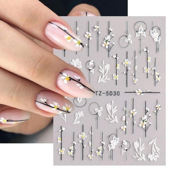 6 Sheets Embossed Flower Nail Art Stickers Decals Exquisite White Flower 5D Self-Adhesive Nail Art Supplies Yellow Pink Blue Lace Floral Nail Art Design Decoration Accessories for Women Manicure DIY