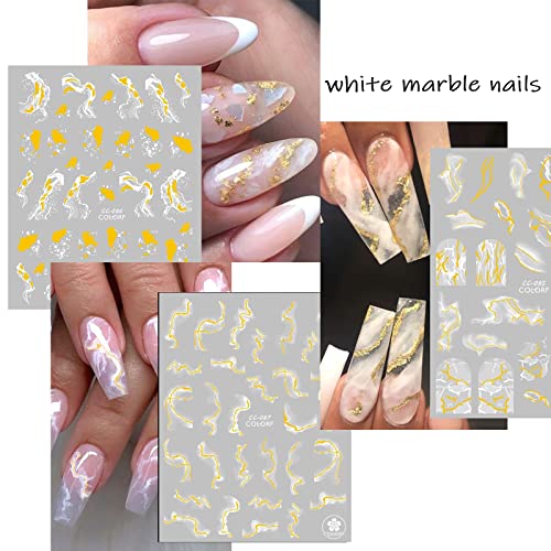 12 Sheets Nail Art Stickers Decals White Black Gold Stripe Line Nail Decals Self-Adhesive Marble Wave Nail Art Supplies for Nail DIY Decoration 3D Nail Accessories for Women French Nail Design