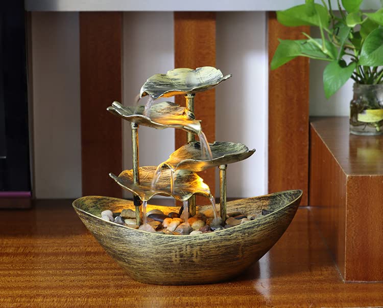 Creative Ingot Lotus Leaf Flowing Water Tabletop Fountain with LED Night Light, Automatic Pump USB Desk Fountain Home Office Decor(Gold)