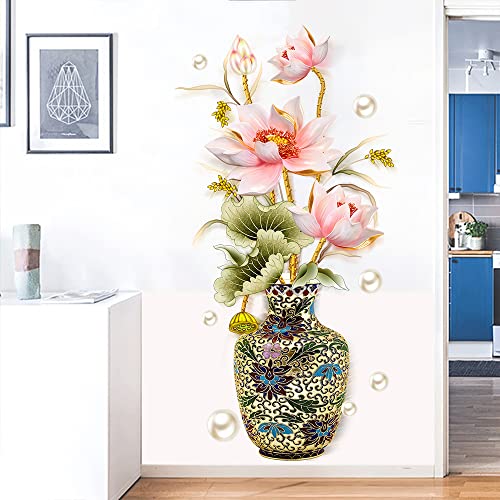 Dechom Chinese Style Lotus Flower Classical Vase Wall Sticker Pearl Living Room Art Wall Decals Home Entrance Backdrop Decoration